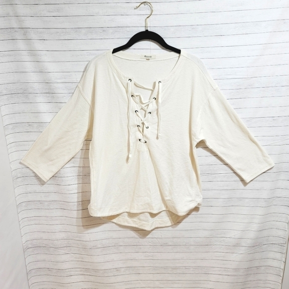 MADEWELL CROSS NECK TIE 3/4 SLEEVE CREAM HENLEY, SZ SMALL-EXCELLENT PRE OWNED! - Picture 1 of 8